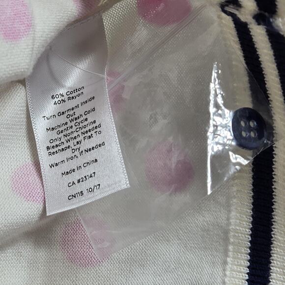 Talbots Petites Sweater Womens Medium Petite Pink Polka Dot Cardigan Navy Trim - Picture 6 of 10
